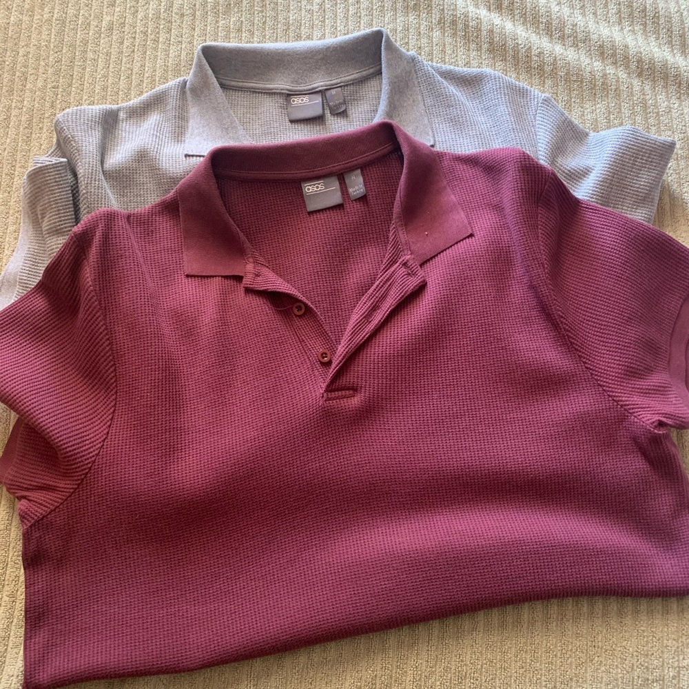 (2) ASOS Waffle Polo Shirts Burgundy & Gray M